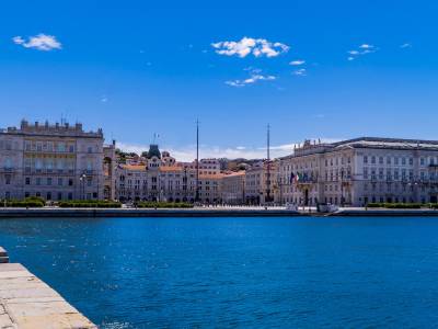 Trieste, Italy - July 23, 2020 - panoramic view of the Great Square (Square of the Unity of Italy) from the sea promenade in Trieste, Friuli